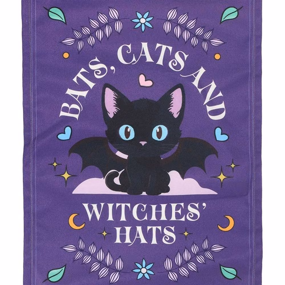 Uniqueful Halloween Fabric Wall Hanging with Bats, Cats and Witches Hats in Purple and Black – 2