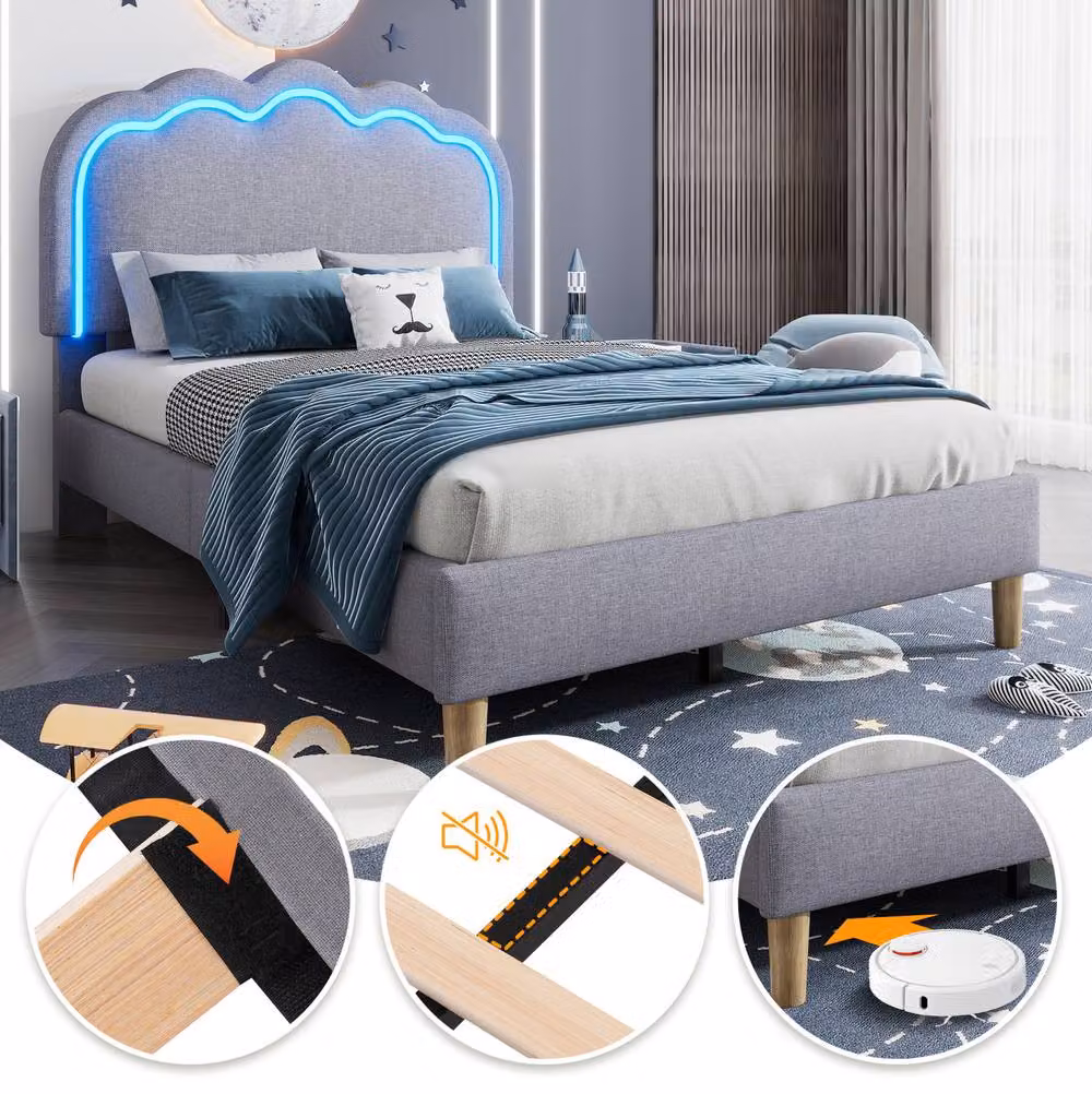 STILVORA Single Upholstered Bed Frame with LED Headboard in Grey, W/D/H: 100 x 200 x 101 cm – 5