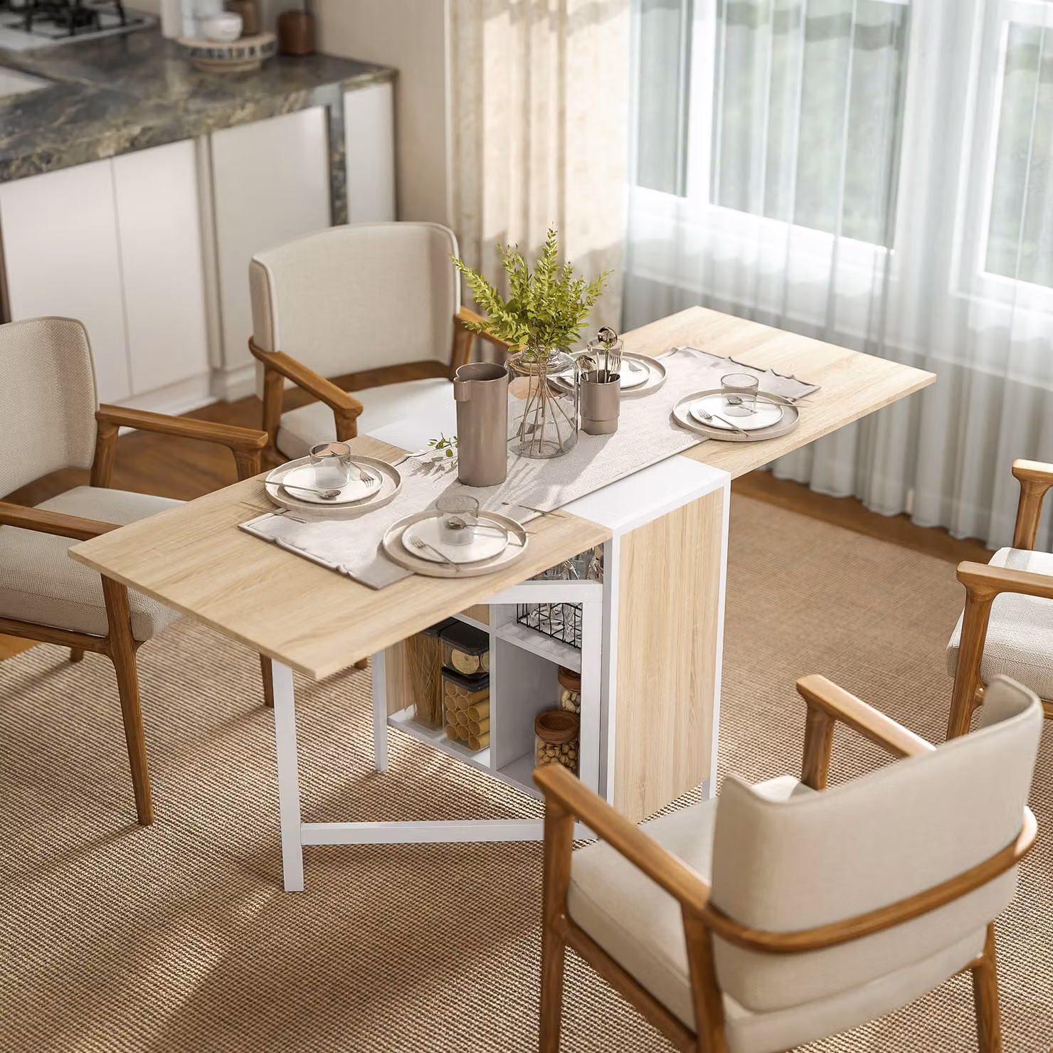 HOMCOM Foldable Dining Table and Computer Desk with Drop Leaf Top in White and Brown – 2