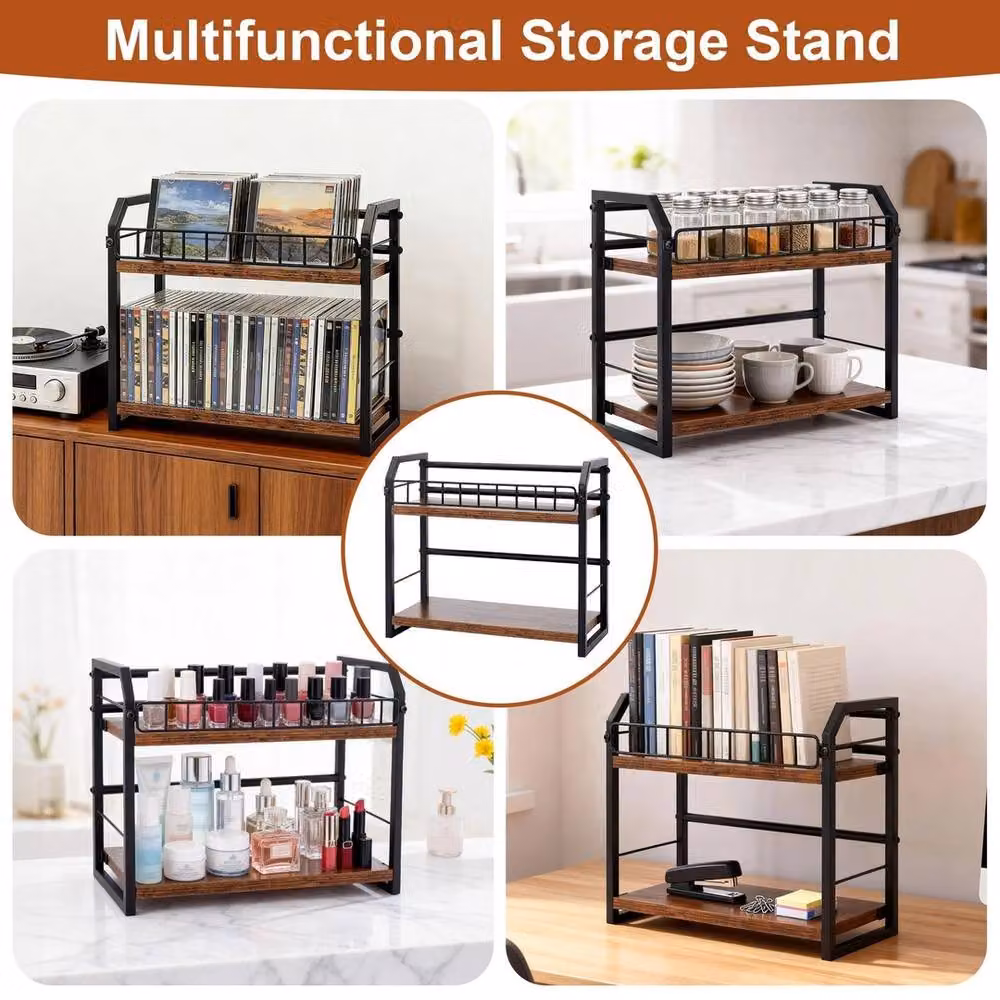 FORGEVIO 2-Tier Industrial CD and DVD Storage Rack in Brown and Multicolour Wood and Metal – 5