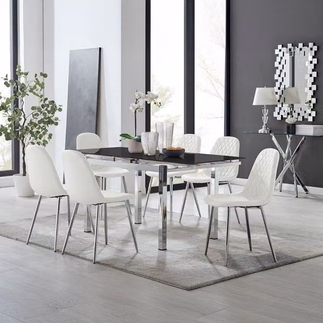 Furniturebox Enna Black Glossy Glass Extending Dining Table and 6 Corona Silver Leg Chairs in White