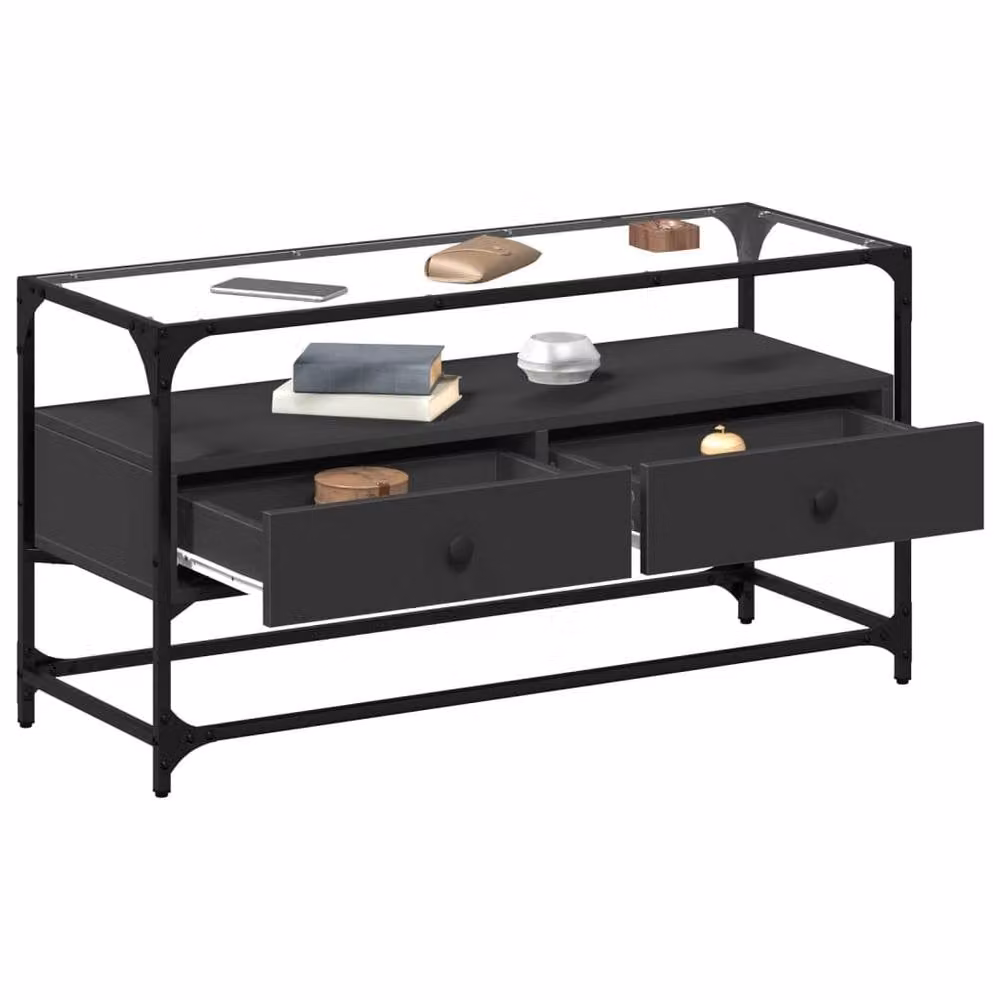 Berkfield Home Industrial TV Cabinet with Glass Top in Black, W/D/H: 98 x 35 x 51 cm – 3