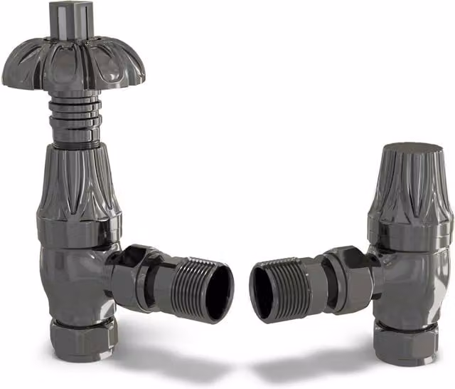 UK Radiators Signature Metal Head Thermostatic Radiator Valve and Angled Lockshield Valve Set in Black Nickel Finish