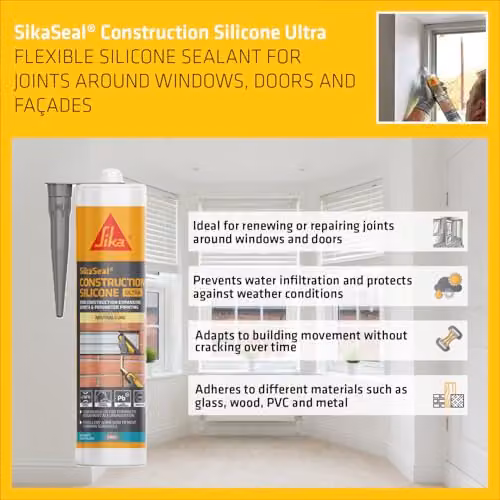 Sika SikaSeal Construction Silicone Ultra Waterproof Expansion Joint and Perimeter Pointing Sealant, Grey, 300ml – 3