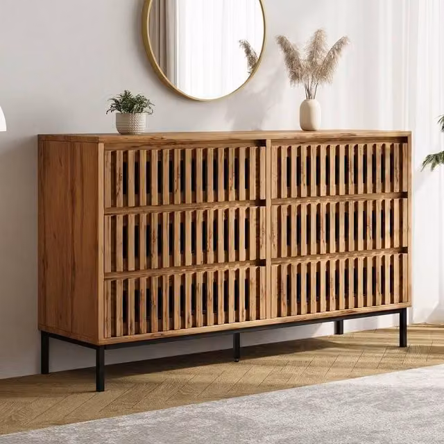 STILVORA Freestanding Storage Cabinet with 6 Drawers in Natural Wood Effect and Black Metal, H 81.0 x W 120.0 x D 40.0 cm