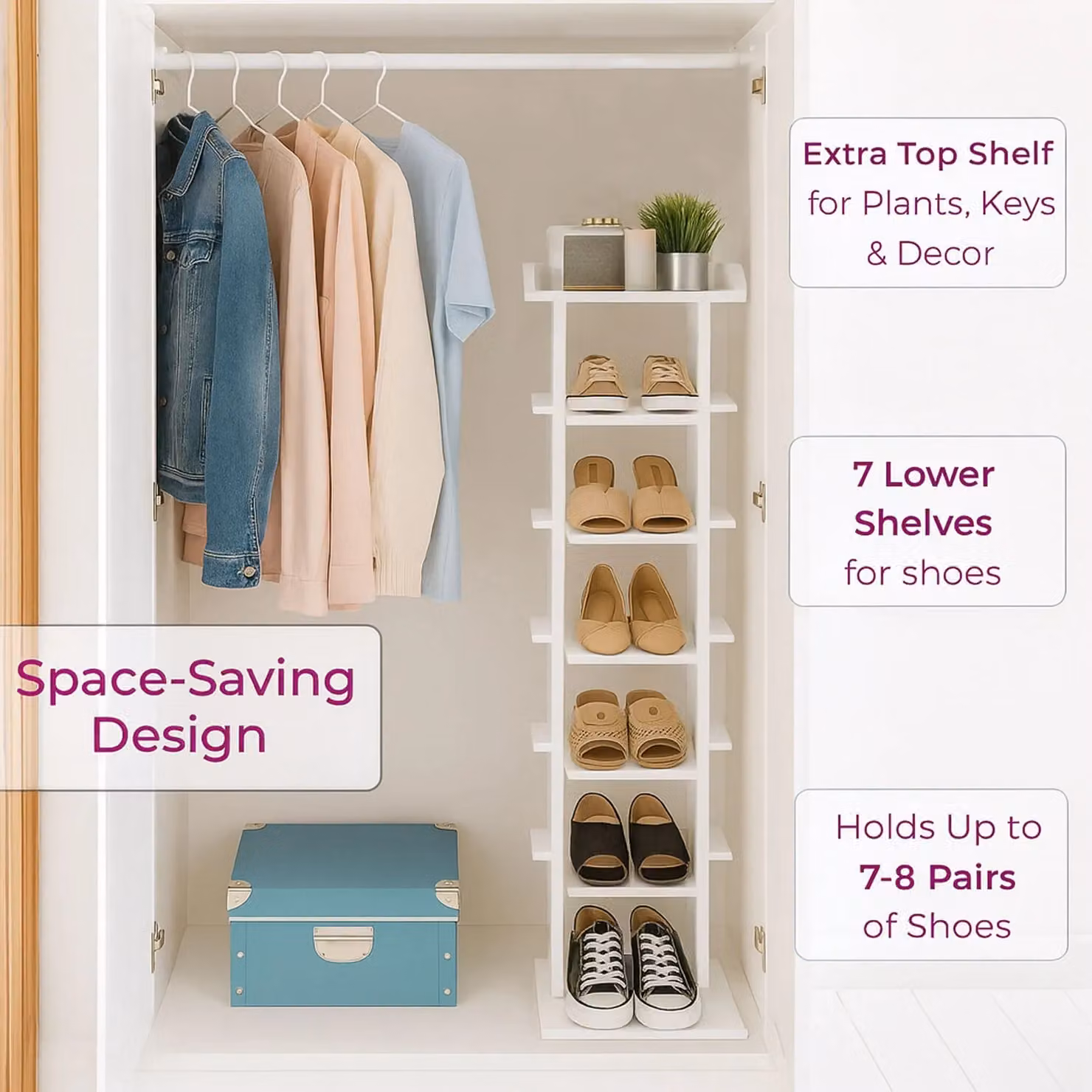 Neo 7 Tier Slim Wooden Shoe Rack Storage in White – 3