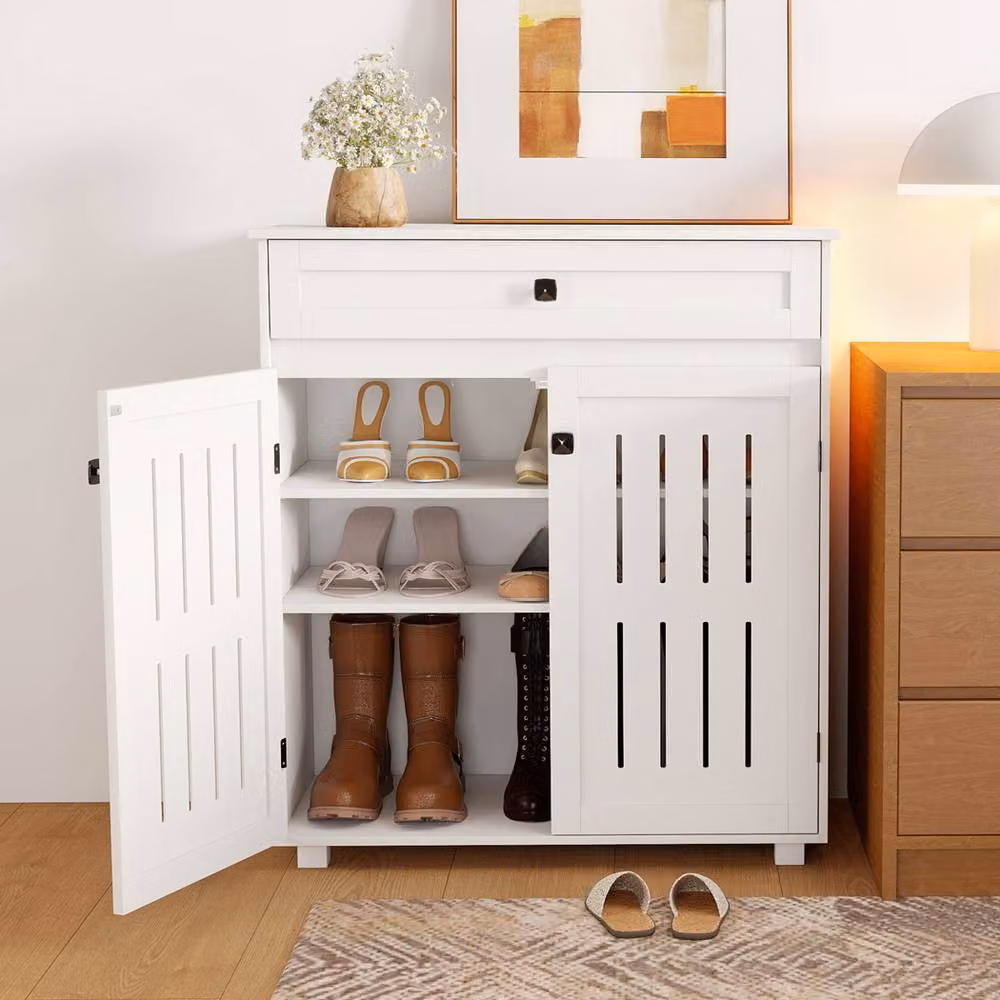 Levede Modern 4-Tier White Shoe Cabinet with Hinged Doors and Internal Shelves – 2