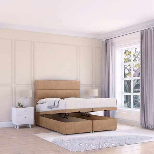 Sloomy Texas Naples Fabric Ottoman Bed in Light Sand with Hybrid Memory Mattress and 26 Inch Strut Headboard, Size: Double (W/D/H: 140 x 200 cm)