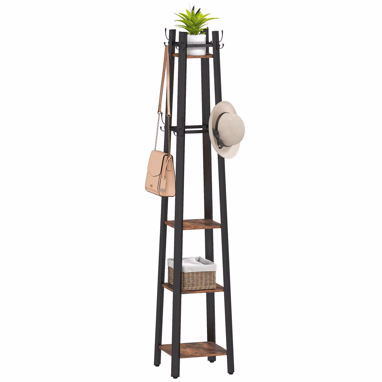 HOMCOM Industrial Coat Stand with 4 Storage Shelves and 8 Hooks in Brown and Black – 2
