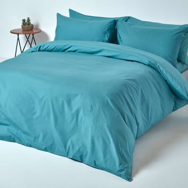 Homescapes Petrol Combed Cotton Percale Duvet Cover and Pillowcase Set, W: 180 cm, L: 200 cm