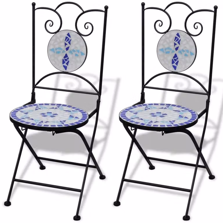 Berkfield Home 3 Piece Ceramic and Metal Bistro Set in Blue and White Geometric Mediterranean Design