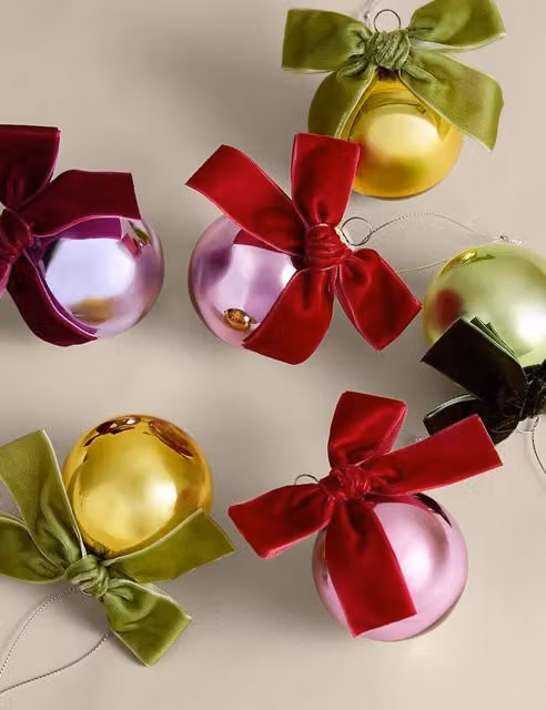 M&S 6 Pack Multicolour Glass Metallic Bow Christmas Baubles