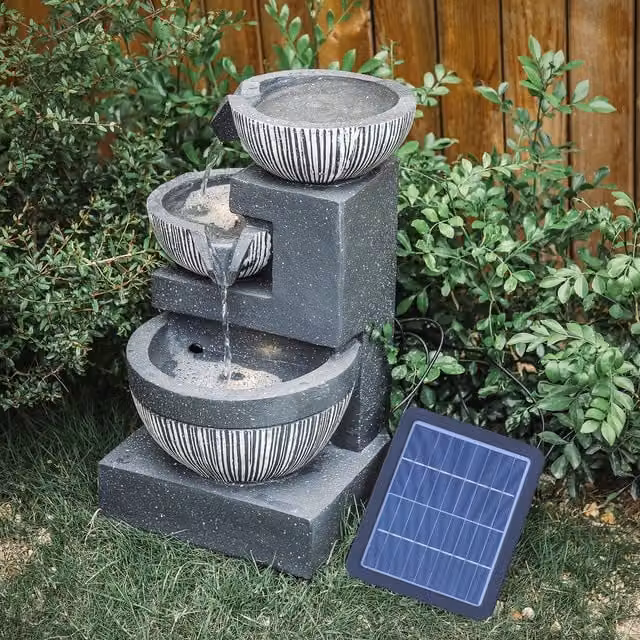 Livingandhome Solar LED Tabletop Cascade Water Feature in Grey Stone Design, Diameter: 28 cm