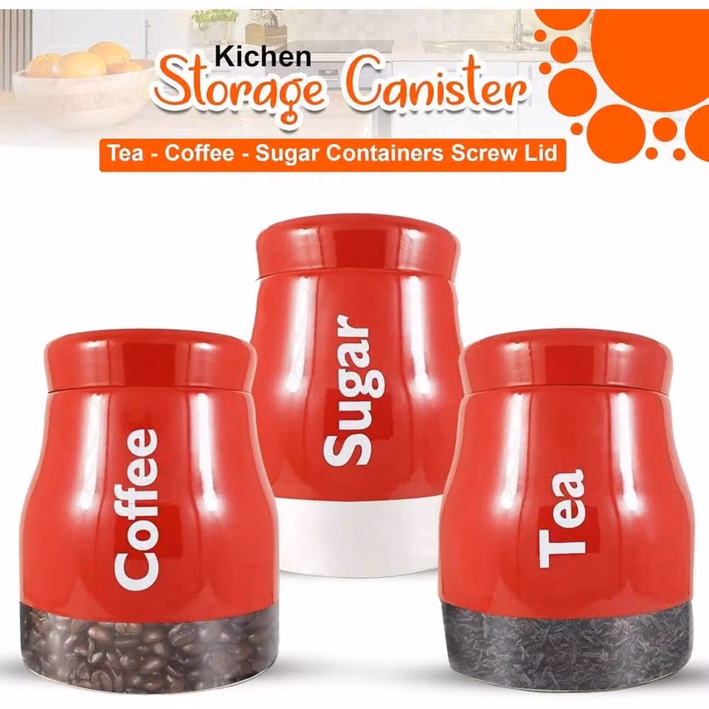 FLAVORA Set of 3 Red Glass Kitchen Storage Canisters for Tea, Coffee and Sugar – 5