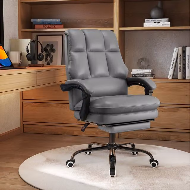 Costway Grey Synthetic Leather Executive Swivel Office Chair with Armrests and Height Adjustment