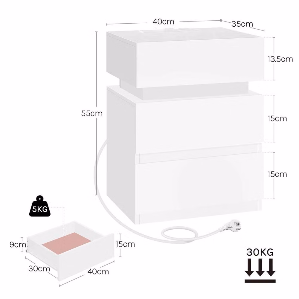EONLION Modern Bedside Table with 2 Drawers and Integrated Lighting, White – 2