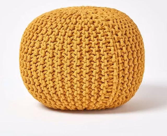Homescapes Round Cotton Knitted Pouffe Footstool in Yellow