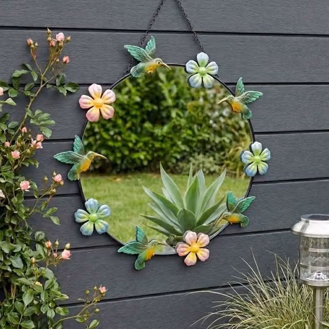 Garden Greatness Hanging Floral Hummingbird Garden Mirror in Black, W/D/H: 40 x 40 x 40 cm