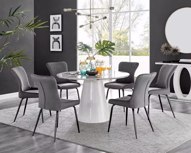 Furniturebox Palma White Marble Effect Round Dining Table and 6 Nora Black Leg Chairs in Dark Grey