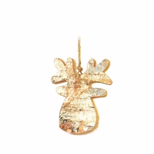 Shatchi Hand Crafted Wooden Reindeer Christmas Tree Hanging Ornament, Brown and Gold, 8 cm