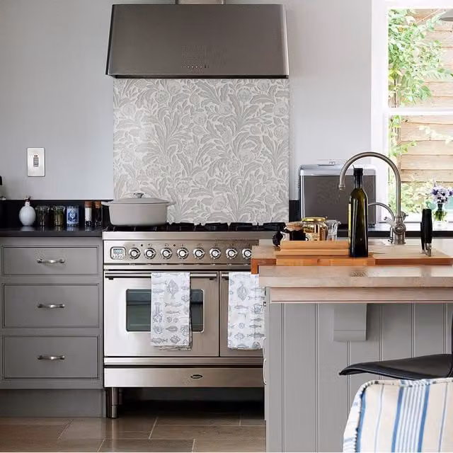 Country Living Acanthus Leaf Stone Look Glass Kitchen Splashback in Blue and Grey, Width: 60 cm