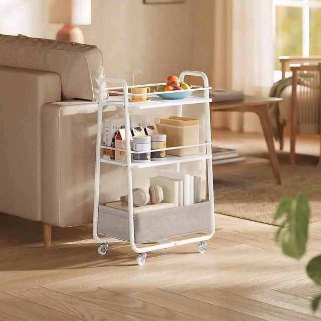 The Bazaarist 3 Tier Rolling Storage Cart with Fabric Baskets in White and Brown