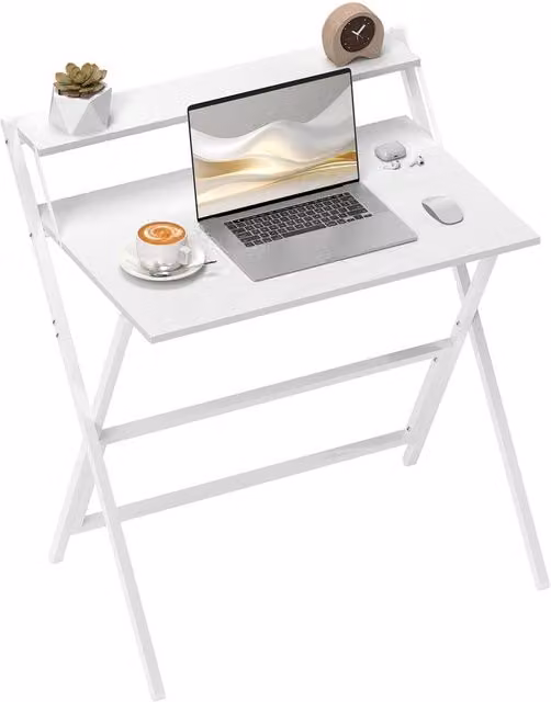 Rolipo White Folding Computer Desk with Monitor Shelf