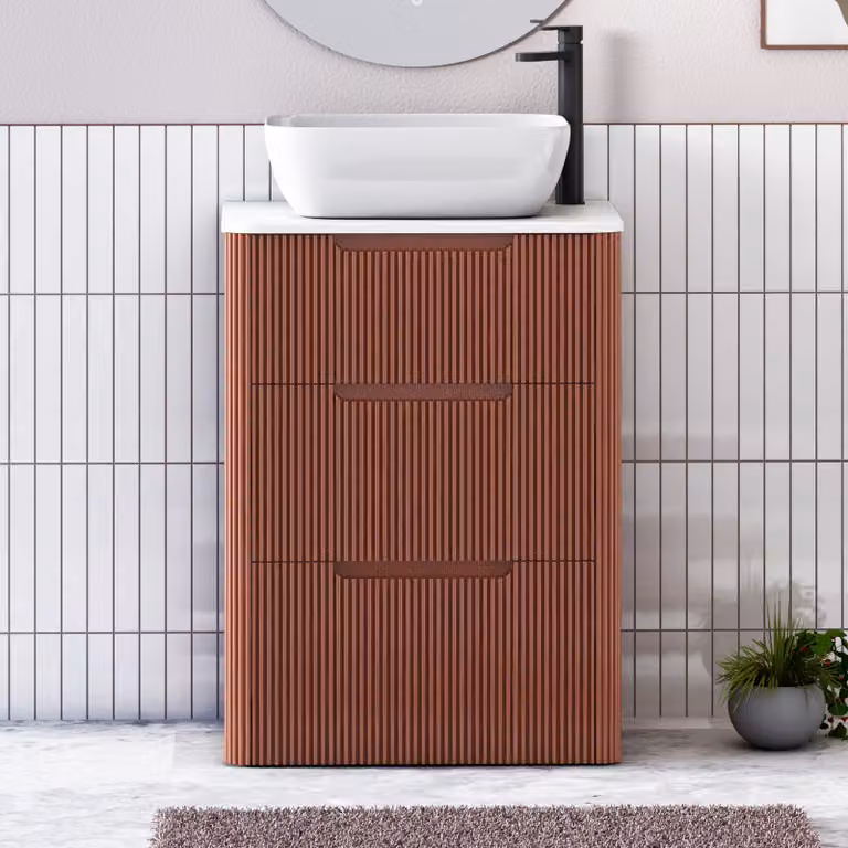 Royal Bathrooms Avenza 600mm Terracotta Clay Floor Standing Vanity Unit with 3 Drawers, Plain White Worktop and Elva Basin