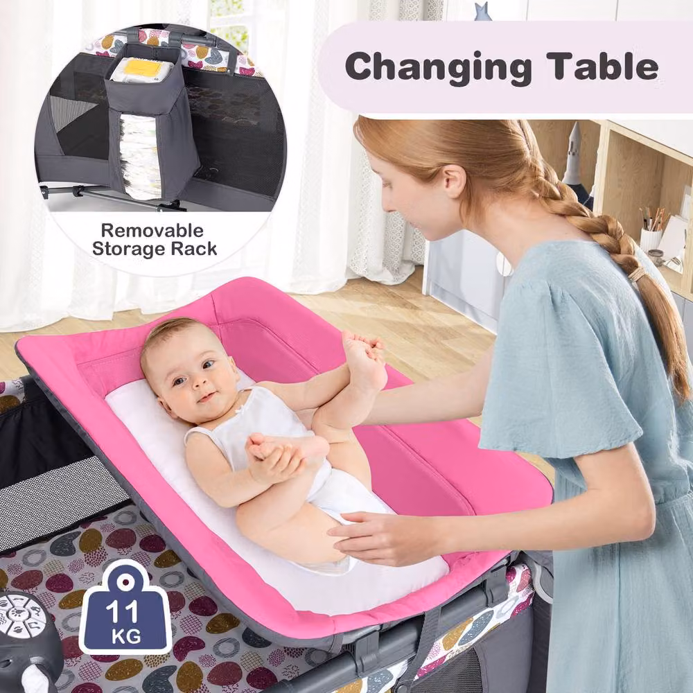 Costway Foldable Pack and Play Portable Baby Playard with Rocking Bassinet and Music Box in Pink – 5