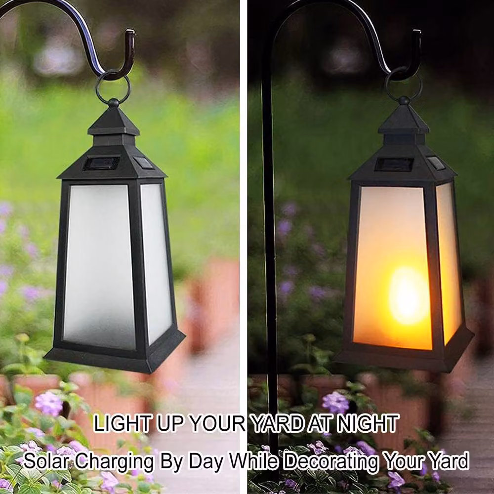 Bright Zeal 2 Pack Black Solar LED Lanterns with Flickering Flame, Height: 35.56 cm – 6