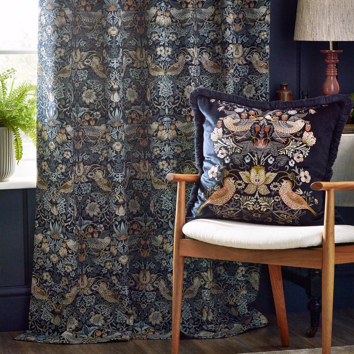 Morris & Co. Strawberry Thief Jacquard Floral Pencil Pleat Curtains, Indigo, Width: 229 cm, Drop: 229 cm – 3
