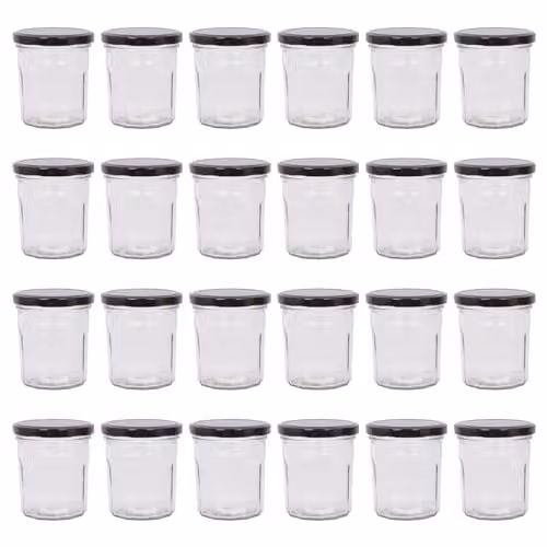 Argon Tableware Set of 24 Transparent Glass Jam Jars with Airtight Black Metal Lids, 250ml