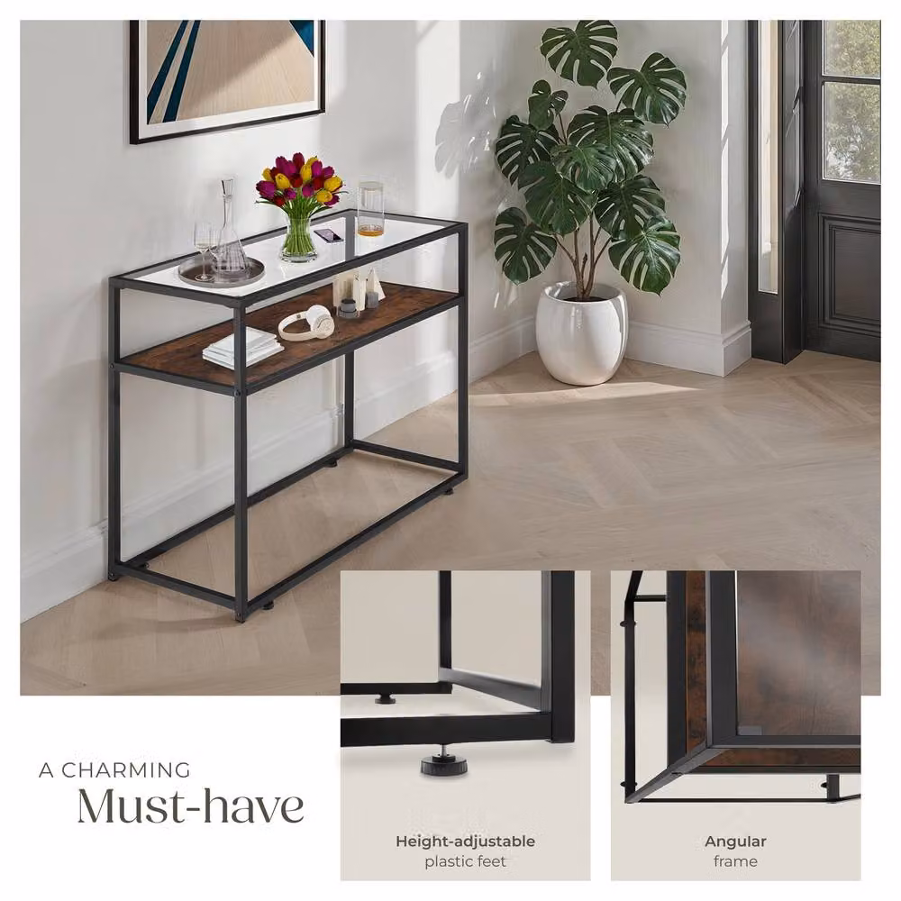 tectake Kilkenny Industrial Console Table with Glass Top and 2 Shelves in Dark Brown and Black – 4