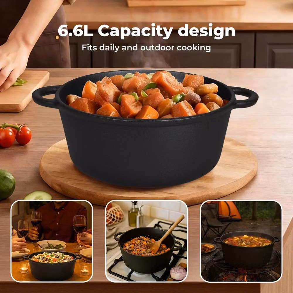 VOGREX Black Cast Iron Dutch Oven with Lid, 6.6 l – 5
