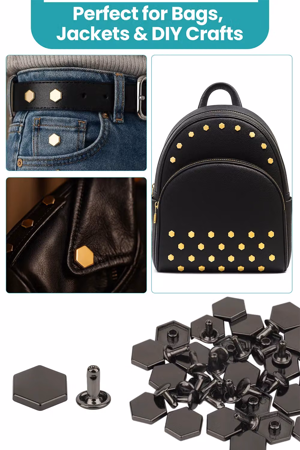Neel Blue Black Nickel-Plated Metal Alloy Hexagonal Feet Caps with 7mm Rivet Studs, 25 Pieces – 6