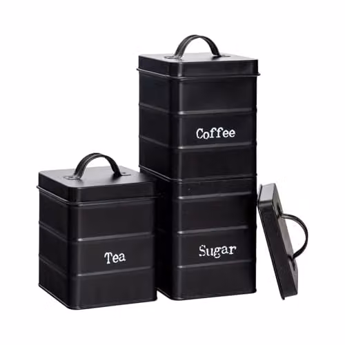 Harbour Housewares 3-Piece Metal Tea Coffee Sugar Canister Set in Black with Airtight Lids – 1