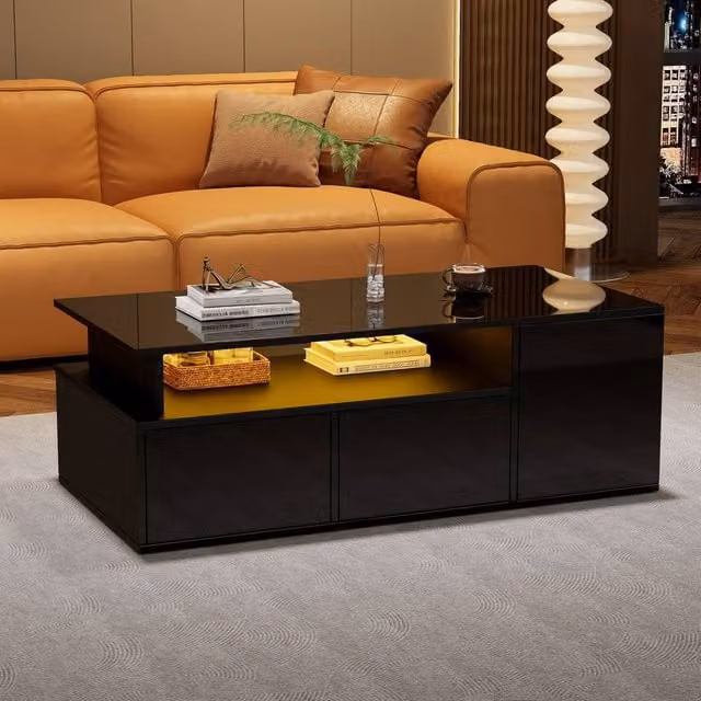 Rolipo Modern Black High Gloss LED Coffee Table with Drawers