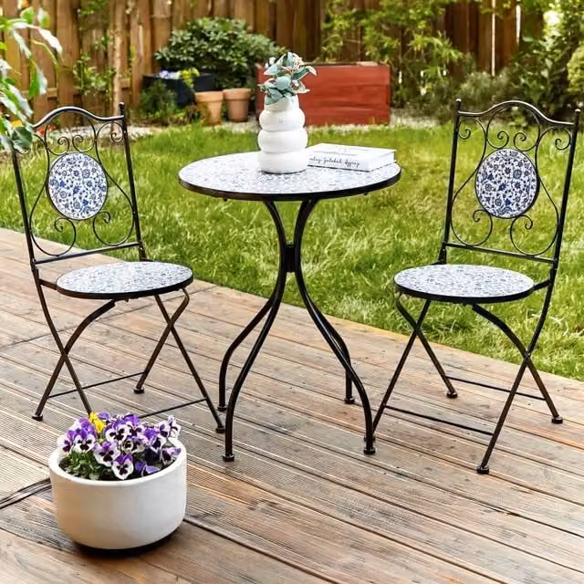 Wyld and Coco Set of 2 Folding Garden Chairs with Blue Ceramic Mosaic Tiles and Black Metal Frame