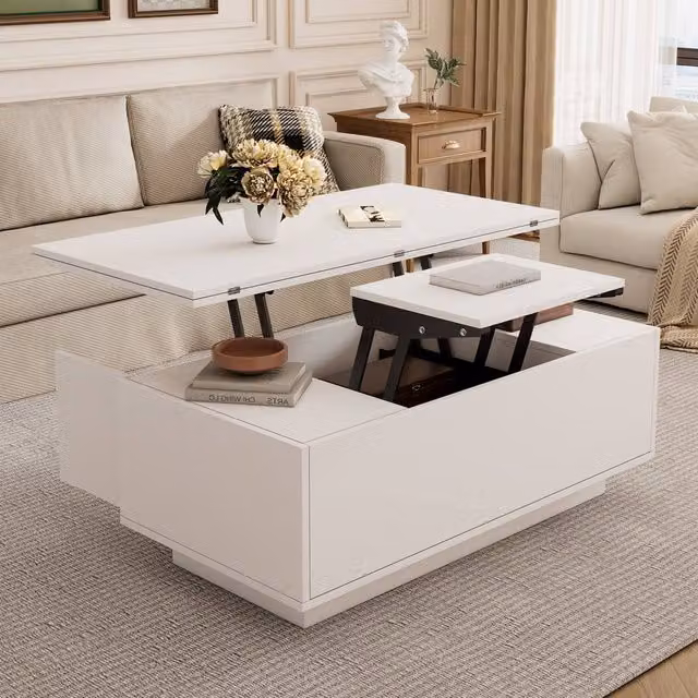 Merax Extendable Lift Top Coffee Table with 2 Cabinets and Hidden Storage in White – 1