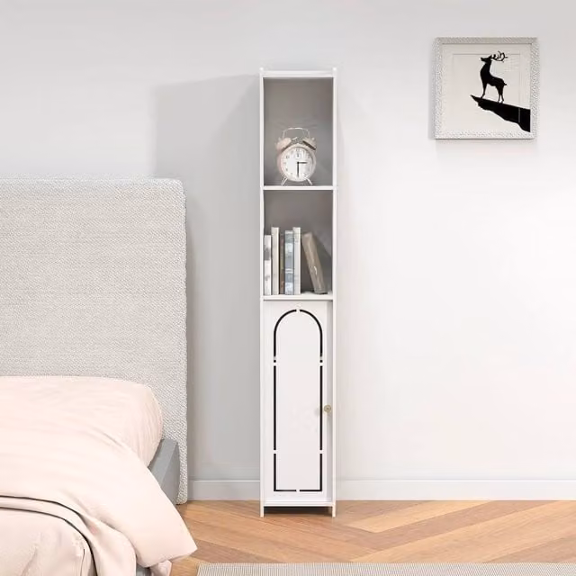 KORVIXA White Freestanding Bathroom Tallboy Cabinet with Hinged Doors and Open Shelving, Height: 90 cm