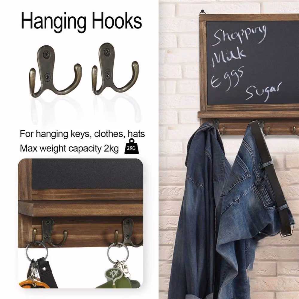 Havendro Large Rectangular Wooden Chalkboard with 4 Hooks and Shelf in Black or Brown – 5