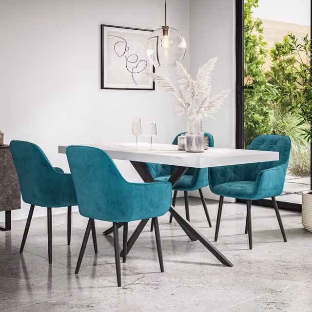 More4Homes Donni Dining Table and Anika Blue Velvet Dining Chair Set of 4, White Marble Effect Table Top with Black Legs, W/D/H: 160 x 80 x 76 cm