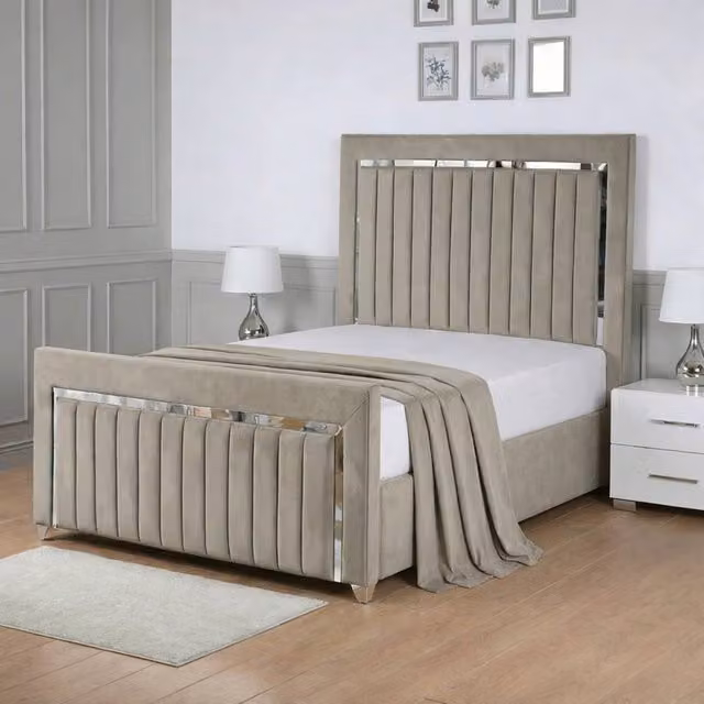Living Comfort Bedz Chrome Edge Upholstered Slatted Base Bed in Light Grey, Size: Double (W/D/H: 140 x 200 cm)