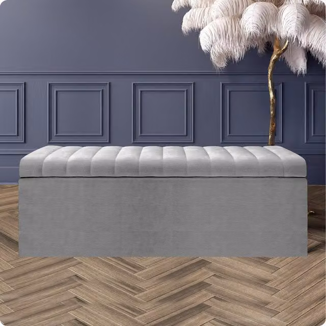 R&M Furnishers Safar Naples Ottoman Storage Box, Grey and Silver Striped Velvet Upholstered Blanket Chest and End of Bed Bench