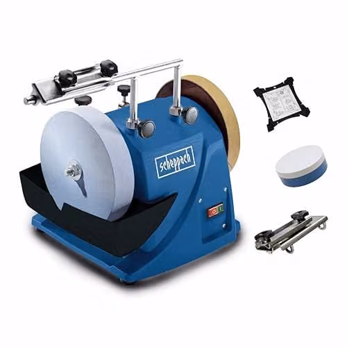 Scheppach Tiger 2000S Wet Bench Grinder, 120W, 200mm Corundum Whetstone and Leather Honing Wheel, Blue, W/D/H: 46.0 x 31.0 x 27.0 cm – 1