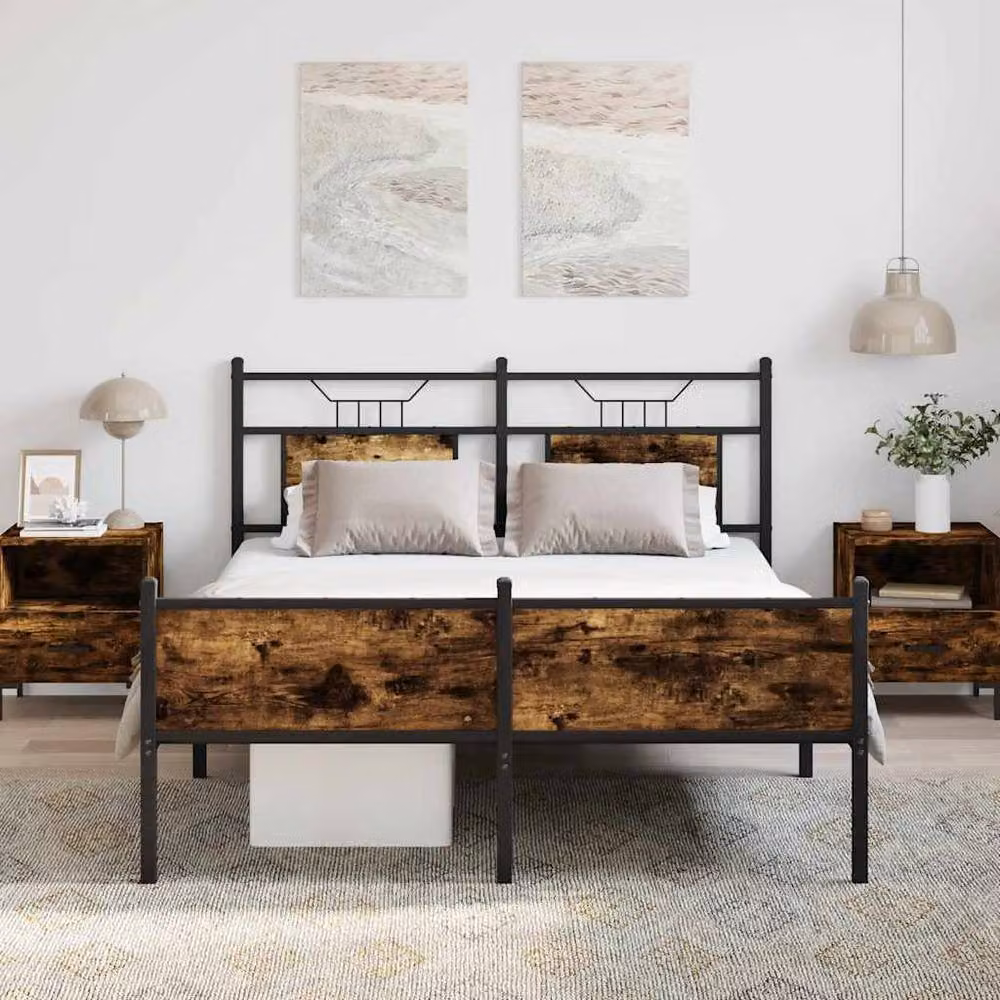 Berkfield Home Durable Industrial Bed Frame in Smoked Oak and Brown, W/D/H: 140 x 200 cm – 3