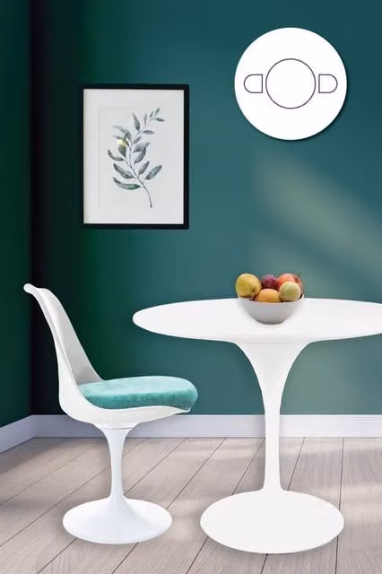 Fusion Living Tulip Dining Set with White Round Table and Two Chairs with Turquoise Cushions