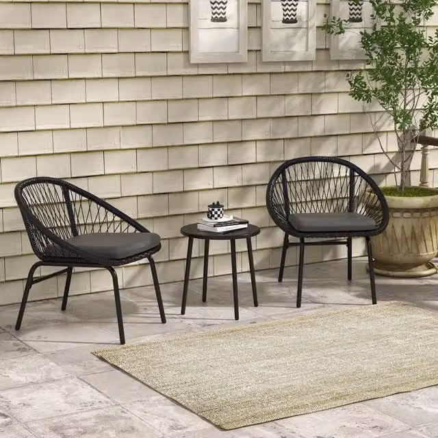 OUTSUNNY 3 Piece Black Polyrattan Garden Furniture Set with 2 Upholstered Armchairs and 1 Coffee Table – 1