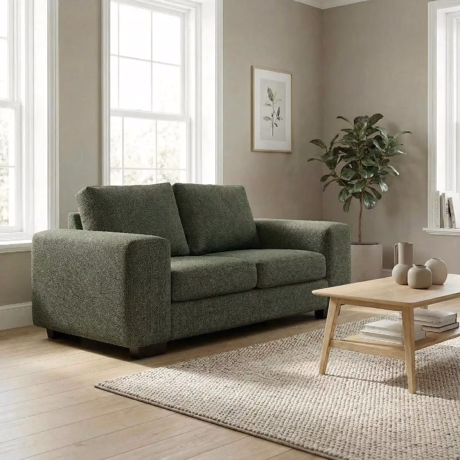 Abakus Direct Boston 2 Seater Sofa in Green Fabric with Solid Wood Frame – 2