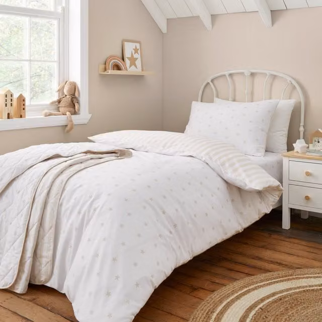 Bianca Mini Star and Stripes Reversible Cotton Childrens Duvet Cover Bedding Set in Beige and White
